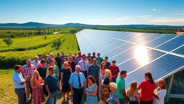 A vibrant community gathering around a solar farm, with panels reflecting sunlight, green landscapes, and diverse groups of people coming together to support clean energy, showcasing a collaborative and sustainable energy initiative.