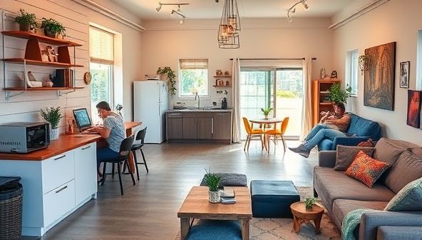 An inviting communal area in a co-living space, featuring a shared kitchen, cozy workstations, and a vibrant social lounge where digital nomads engage in collaboration and networking, embodying the concept of community and remote work integration.