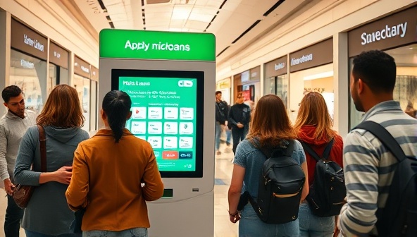 An interactive kiosk in a bustling mall, with a diverse group of people using the machine to apply for micro-loans, showcasing convenience and accessibility in financial services.