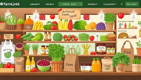 A digital illustration of a virtual marketplace platform showcasing a variety of fresh produce, artisanal goods, and farm products from different sellers, with a user-friendly interface and interactive features for easy browsing and purchasing, emphasizing the convenience and community spirit of the FarmLink Marketplace.
