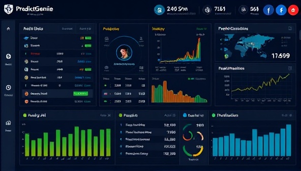 An advanced AI interface displaying real-time sports data, predictive insights, and betting recommendations, with dynamic charts and graphs illustrating prediction accuracy and trends, highlighting the cutting-edge technology and predictive capabilities of PredictGenie Pro.