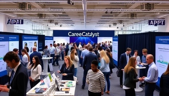 A virtual career fair setting within CareerCatalyst, featuring participants engaging with industry mentors, attending workshops, and networking in a digital environment, symbolizing career growth, opportunity, and professional development.