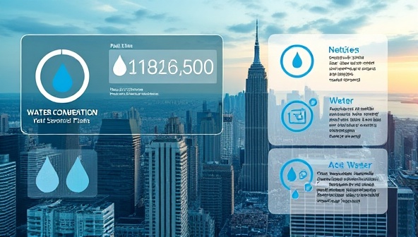 An interactive platform interface displaying real-time water consumption data, leak detection alerts, and personalized recommendations for water conservation strategies, set against a backdrop of a bustling city skyline with water conservation messages projected on buildings, emphasizing the importance of data-driven water management solutions.