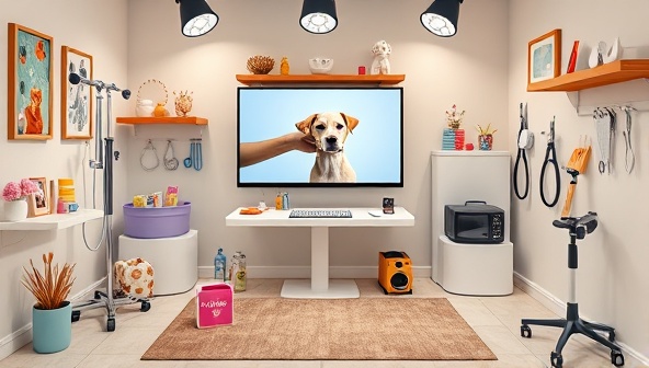 A cozy and welcoming virtual pet care studio setup with a variety of pet grooming tools, veterinary equipment, and a digital screen displaying a live pet care session with a professional, creating a safe and engaging environment for remote pet care services.