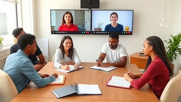 An engaging virtual writing circle setup with diverse writers connecting through video conferencing, sharing writing goals, and supporting each other in a collaborative and structured writing environment, fostering accountability and camaraderie among members of the WriteSync Circles community.
