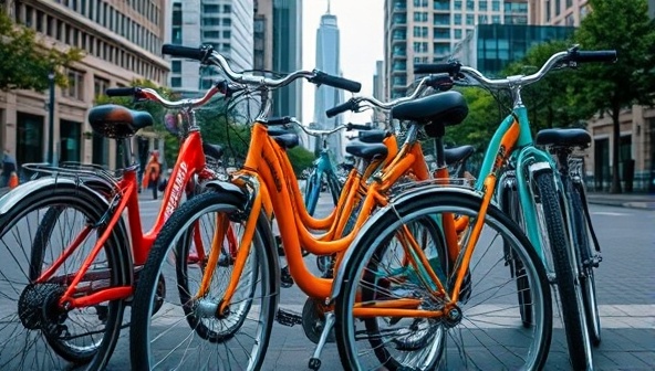An eye-catching image featuring a row of colorful bikes lined up against a city backdrop, symbolizing urban mobility, freedom, and the convenience of bike rental subscriptions.