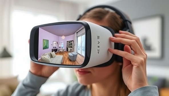 A virtual reality headset displaying a digitally recreated room renovation, with a client immersed in the VR experience, exploring different design options and color schemes, capturing the essence of ReVibe Renovations' innovative approach to home renovation planning.