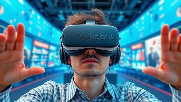 An immersive visual of a user wearing VR goggles and exploring a 360-degree video ad experience, with dynamic visuals, interactive elements, and product showcases from different perspectives, illustrating the engaging and immersive nature of 360Vision Ads' advertising platform.