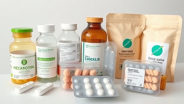 An eco-friendly medication packaging display featuring biodegradable pill bottles, compostable blister packs, and recyclable packaging materials, showcasing the sustainable and environmentally friendly approach to pharmaceutical packaging.