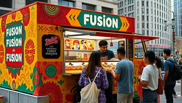 A vibrant and colorful food truck exterior showcasing a fusion of cultural motifs and symbols, with customers lined up to order and enjoy unique fusion dishes, set against a backdrop of a bustling city street, capturing the dynamic and multicultural essence of the experience.