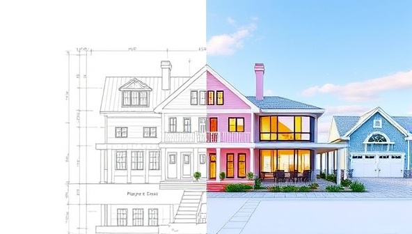 A split-screen image showing a raw architectural blueprint transforming into a vibrant 3D architectural rendering, with before-and-after views side by side, demonstrating the transformative power of high-quality rendering services.
