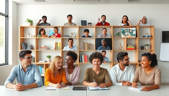 An online classroom setting with diverse avatars representing different language learners engaging in virtual language exercises and cultural discussions, fostering a dynamic and inclusive learning environment.