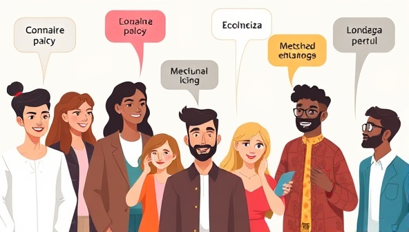An engaging illustration of diverse avatars representing different cultures and languages interacting in a virtual language exchange setting, with speech bubbles displaying phrases in various languages, symbolizing global connectivity and communication.
