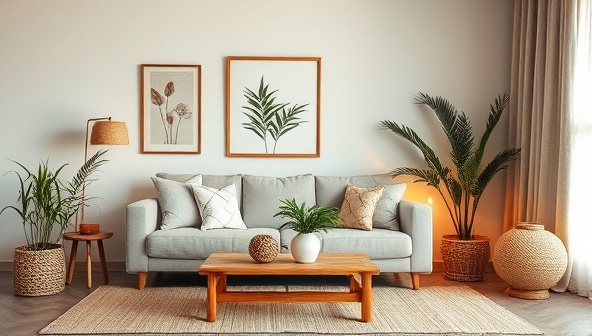 A cozy living room setup adorned with a collection of bamboo home decor items, including wall art, a bamboo coffee table, and ambient bamboo lighting fixtures, creating a harmonious and eco-friendly interior space that exudes warmth and style.
