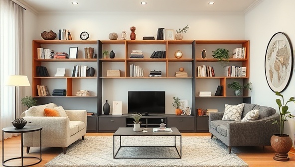An inviting and organized living room space with neatly arranged shelves, stylish storage solutions, and minimalist decor accents, exuding a sense of calm, order, and functionality that inspires viewers to embrace a clutter-free lifestyle.
