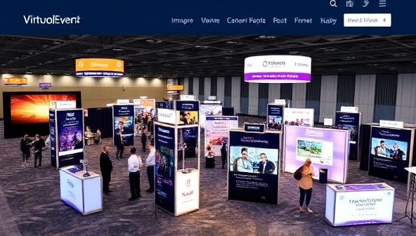 An immersive virtual event environment displayed on a website interface, featuring interactive booths, live streaming capabilities, and attendee engagement tools, showcasing the dynamic and engaging experience offered by VirtualEventWeb's design and hosting services.