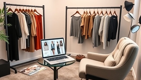 A sleek and modern virtual styling studio setup with a stylish laptop displaying different outfit options, a rack of clothing, fashion magazines, and a plush chair for virtual consultations, creating a chic and trendy ambiance.