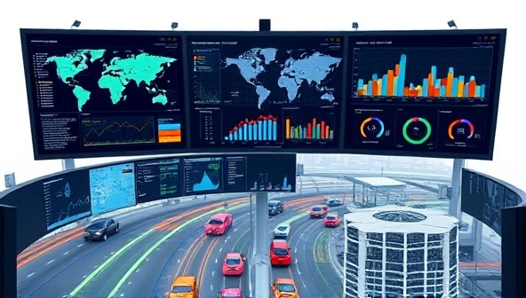 An informative graphic illustrating a virtual traffic control center with traffic flow maps, data analytics dashboards, and urban infrastructure models, symbolizing expertise, innovation, and data-driven solutions in traffic management.