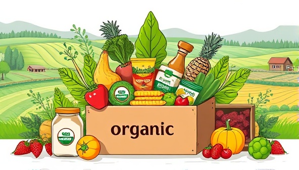 A delightful digital illustration featuring a variety of organic fruits, vegetables, and gourmet products neatly arranged in a vibrant harvest box, surrounded by farm landscapes and eco-friendly packaging, conveying freshness, sustainability, and culinary delight in each delivery.