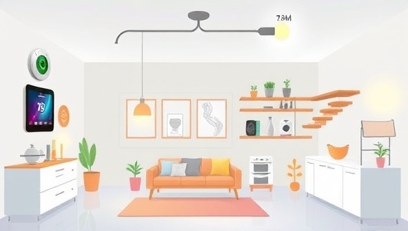 An illustration showcasing a modern smart home environment with interconnected devices, such as thermostats, lights, and appliances, all controlled through a central smart hub, emphasizing convenience and energy efficiency.