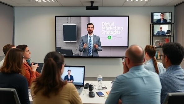 An online workshop scene with a presenter sharing insights on digital marketing strategies, surrounded by virtual participants actively engaging in the session through video conferencing, illustrating a collaborative and educational online environment.