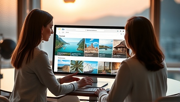 An elegant visual showcasing a virtual travel advisor assisting a client with trip planning on a sleek digital interface, with stunning destination images and luxury accommodation options displayed, embodying the sophistication and personalized service offered by WanderWisely Concierge's virtual travel concierge platform.