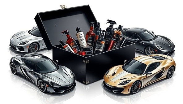 An artistic illustration of a luxurious black box filled with premium car care products, surrounded by gleaming sports car models, showcasing elegance and sophistication in car care.