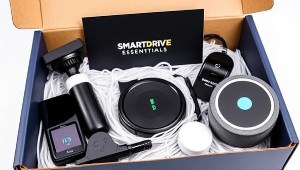 An array of sleek and modern smart car accessories displayed in a subscription box, including a compact dash cam, a wireless charging pad, a smart tire pressure monitor, and a voice-activated assistant device, showcasing the cutting-edge technology and convenience of SmartDrive Essentials for tech-savvy drivers.