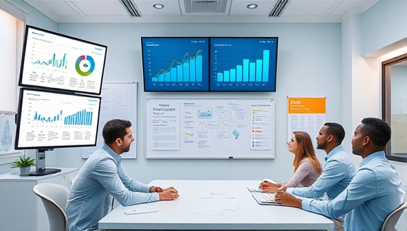 A virtual clinic setting with digital screens displaying marketing analytics, brainstorming notes on a virtual whiteboard, and a diverse team of consultants engaging in a strategy session, symbolizing collaborative and data-driven marketing solutions.
