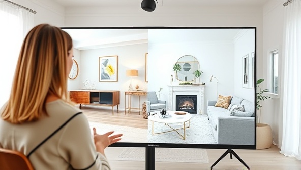 A split-screen image showing a designer conducting a virtual consultation with a client, displaying a stylish virtual room design on one side and the client's actual room on the other, highlighting the seamless transition from concept to reality in virtual home design consultations.