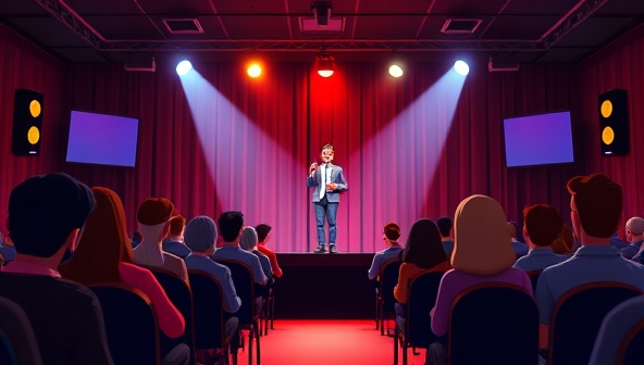An animated comedy club setting with a virtual stage, laughing audience avatars, and spotlighted comedians delivering jokes, creating a lively and engaging atmosphere reminiscent of a real comedy club experience.