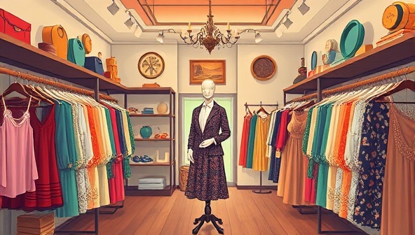 An elegant and nostalgic digital illustration of a vintage clothing store interior, featuring racks of colorful retro garments, antique accessories, and classic fashion pieces, with a stylish mannequin showcasing a curated ensemble, evoking a sense of timeless elegance and vintage charm.
