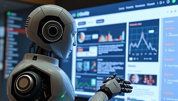 An AI-powered robot analyzing user interactions on a website interface, displaying data points and optimization suggestions in real-time, illustrating the dynamic and proactive nature of UXOptimizeAI's service.