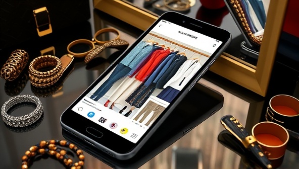 An elegant smartphone screen displaying a virtual wardrobe with various outfit combinations, color schemes, and style suggestions, surrounded by fashion accessories and a mirror reflection, creating a virtual styling experience that is both interactive and personalized.
