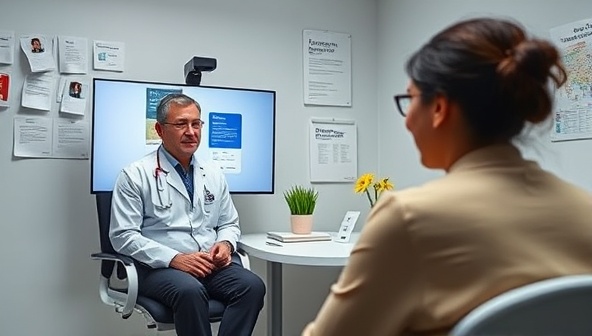 A virtual consultation room setting with a doctor and a patient engaging in a video call, surrounded by medical charts, digital health records, and informative brochures, conveying professionalism, expertise, and patient-centered care.