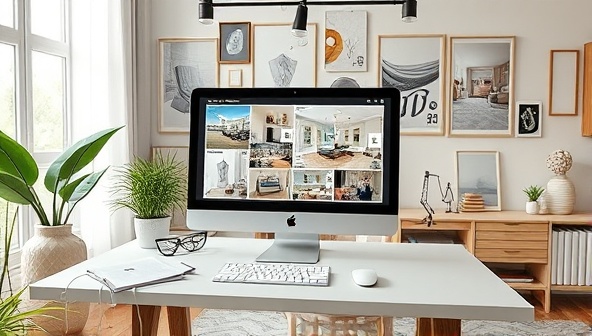 An artistic rendering of a virtual design studio showing a designer's workspace with mood boards, fabric swatches, and 3D room visualizations on a computer screen, surrounded by stylish decor elements and design inspirations, capturing the essence of creativity and innovation in virtual interior design consultations.