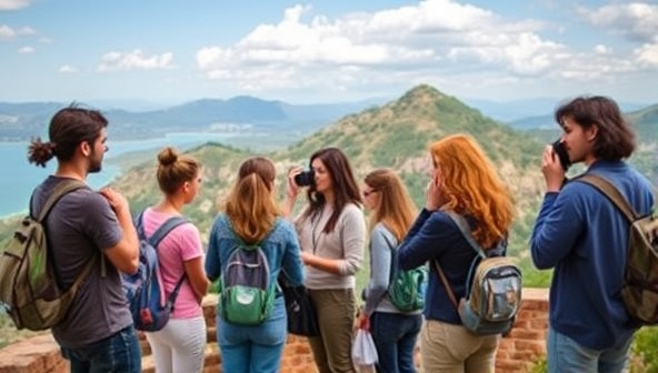 An image of a group of workshop participants engaged in a creative writing session or photography practice against a scenic travel backdrop, symbolizing the inspirational learning environment of StoryLens Journeys' educational workshops.