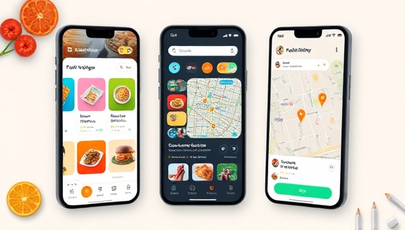 An interactive and user-friendly app interface mockup displaying colorful icons of various food categories, local vendor profiles, map navigation, and user reviews, depicting a seamless and engaging experience for food enthusiasts exploring their city's culinary treasures.