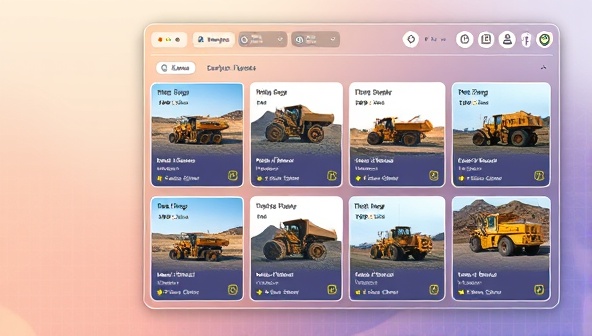 An artistic depiction of a digital platform interface showing various mining equipment listings available for sharing, with a seamless and user-friendly design encouraging easy navigation and transactions.
