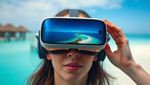 An individual wearing a VR headset, with a panoramic view of a virtual beach displayed, showcasing the immersive and interactive nature of VirtuExplore for travel planning.