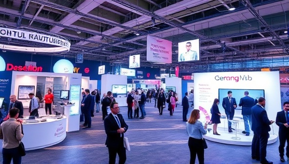 An immersive virtual job fair environment with digital booths, interactive chat features, and virtual networking spaces, creating a vibrant and engaging online recruitment experience for both companies and job seekers, revolutionizing the traditional job fair concept.