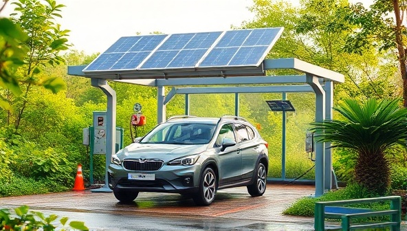 An environmentally friendly car wash station powered by solar panels, surrounded by lush greenery and showcasing the use of eco-friendly cleaning products and water-saving techniques.