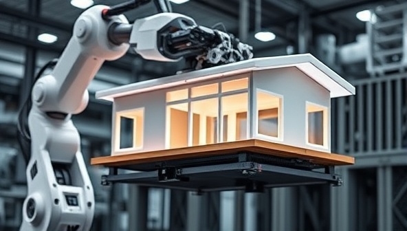 An industrial robotic arm 3D printing a modular housing unit layer by layer, showcasing the futuristic construction process and sustainable materials used in creating innovative housing solutions, revolutionizing the industry.