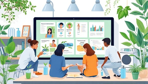 An artistic depiction of a virtual water conservation workshop with diverse participants engaging in interactive activities on a digital platform, surrounded by greenery and water-saving gadgets, illustrating a collaborative and educational approach to sustainable water practices.