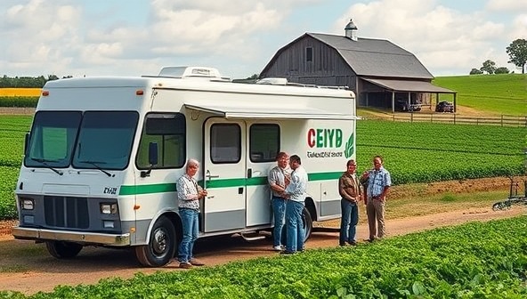 A state-of-the-art mobile lab parked on a farm with farmers and technicians discussing test results, surrounded by fields of crops and a picturesque barn in the background, illustrating convenience and expertise in agricultural testing.