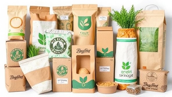 A collage of various eco-friendly packaging options, including biodegradable boxes, wraps, and containers, showcasing the diversity and appeal of sustainable packaging solutions.