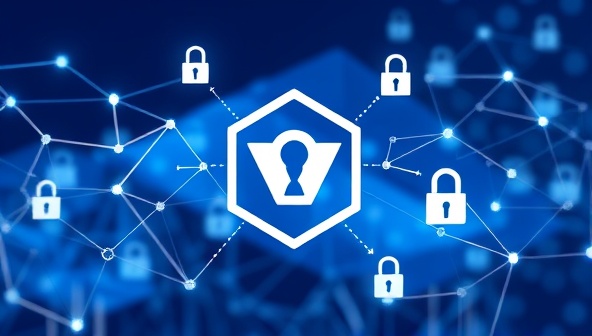 An innovative blockchain graphic representation symbolizing trust and security, with interconnected web design elements, smart contract symbols, and secure encryption keys, illustrating the decentralized and transparent nature of the ChainWeb Designs marketplace.