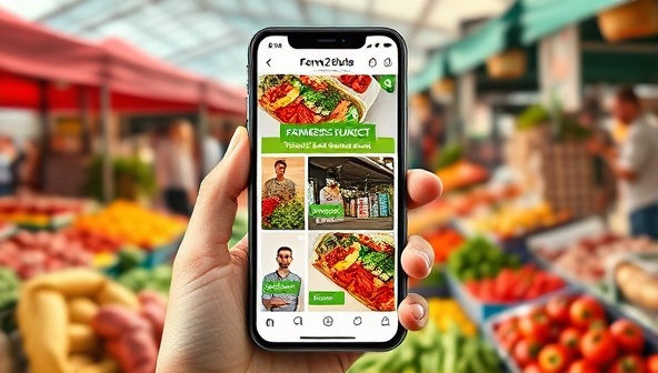 An artistic representation of a smartphone displaying the Farm2Table Direct app interface with vibrant images of fresh fruits, vegetables, and locally sourced products, set against a backdrop of a bustling farmers market scene with colorful stalls and diverse food offerings, symbolizing the fusion of traditional market experiences and digital convenience.
