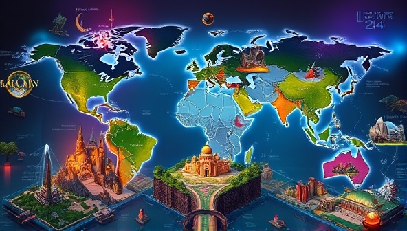 An imaginative image featuring a virtual gaming travel experience, showcasing a digital world map with highlighted gaming destinations, iconic landmarks, and immersive environments, inviting viewers to embark on a virtual adventure through the exciting realms of gaming culture and exploration.