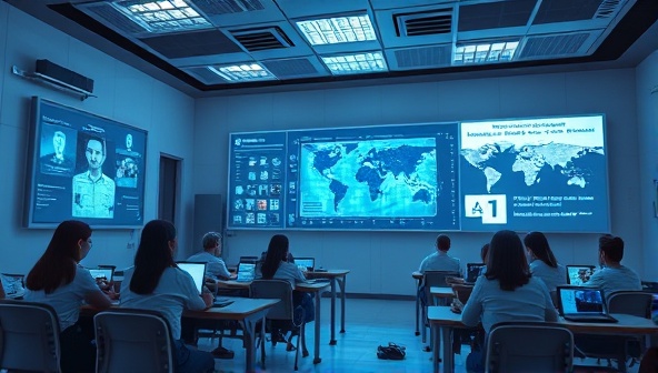 A futuristic classroom setting with students interacting with holographic educational content projected by AI technology, showcasing a cutting-edge learning experience.